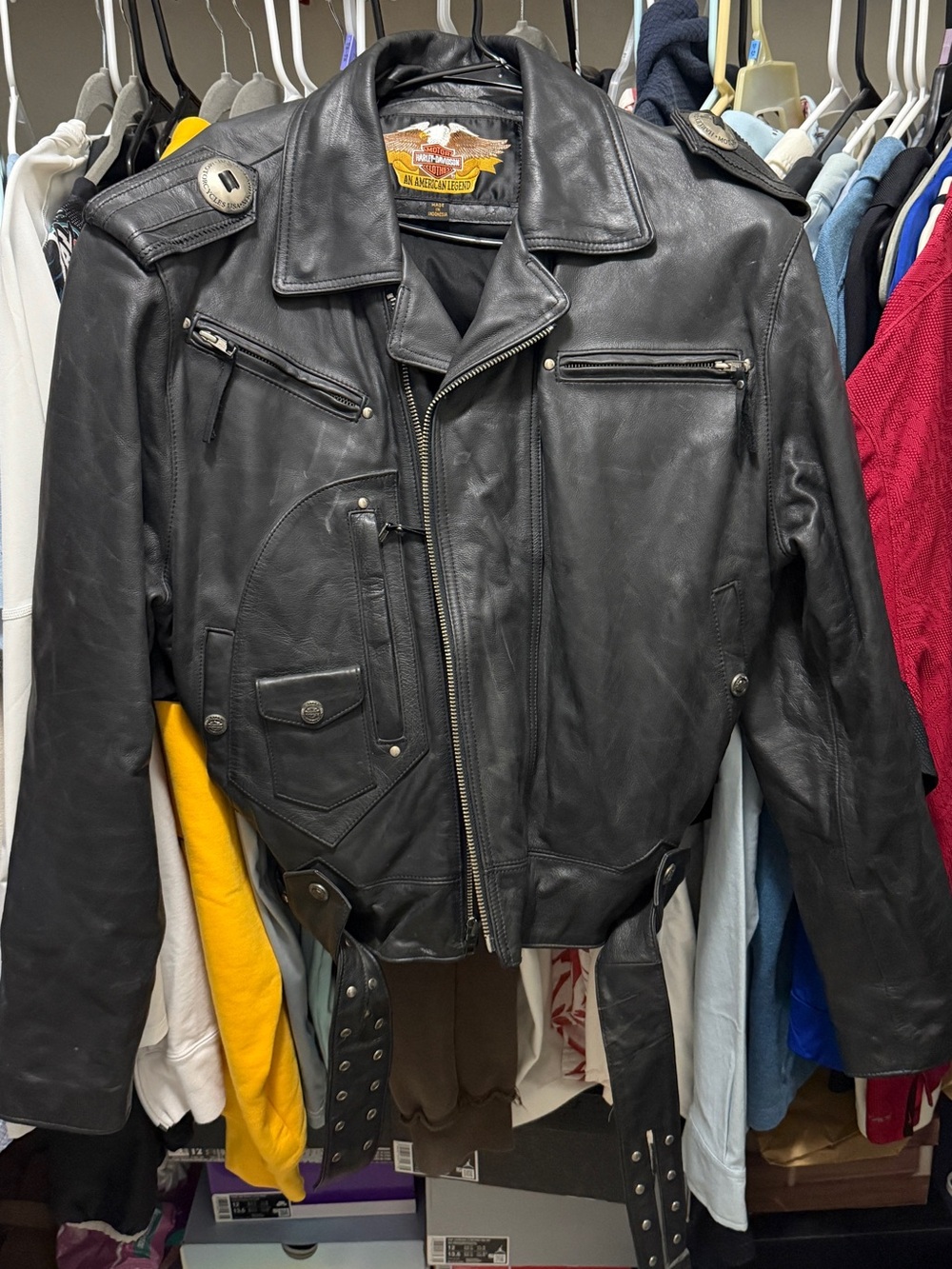 Vintage Black Leather Biker Jacket with Belt Harley Davidson
